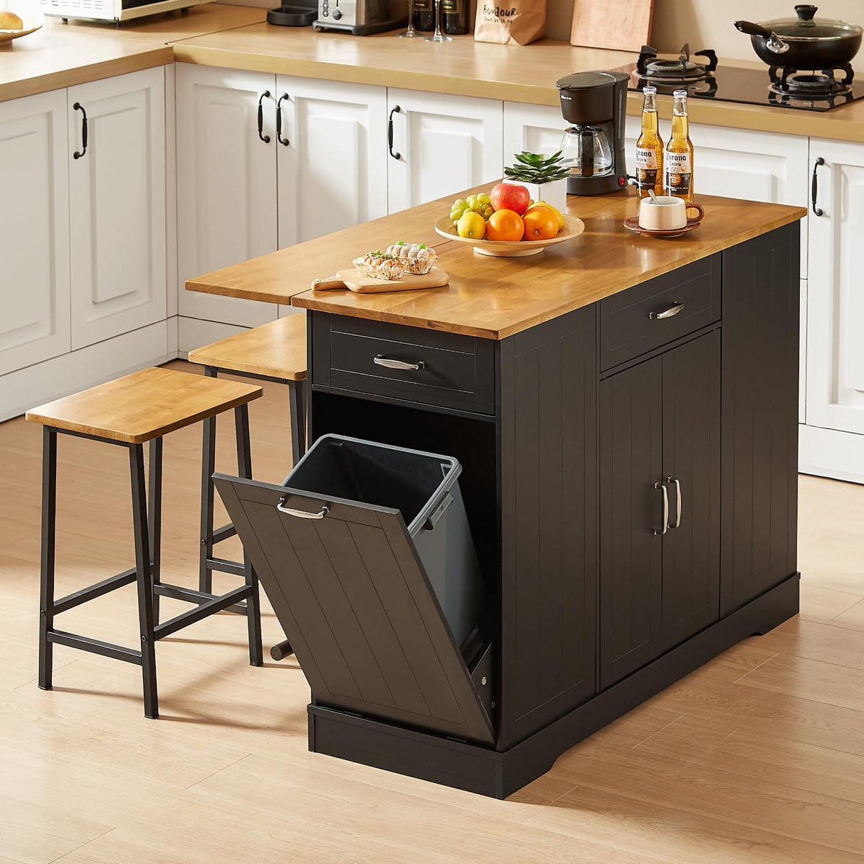ONBRILL Stationary Kitchen Islands Include 2 Chairs, 47" Kitchen Island with Drop Leaf, Home Bar Table with Spice Rack & with Trash Cabinet, Island Table for Dining Room with Power Outlet, Black ONBRILL