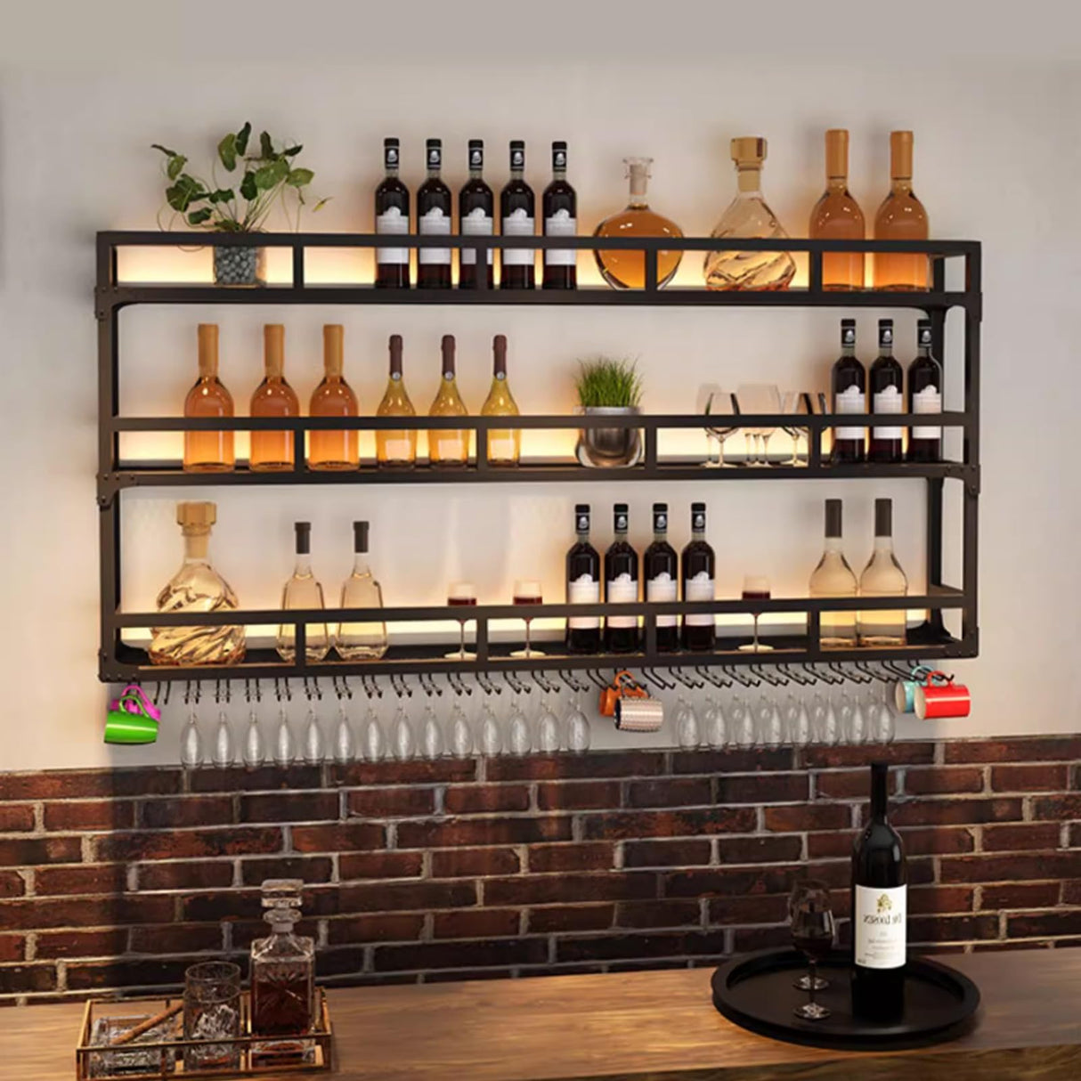 39.1in Wall Mounted Wine Rack, Wine Rack Wall Mounted With Wine Glass Rack, Metal Bar Bottle Display Shelf Wine Cups Hanging Holder, For Home Bar Cafe Dining Room Decoration (BLACK, 39.1*10*35.5IN) amhricho
