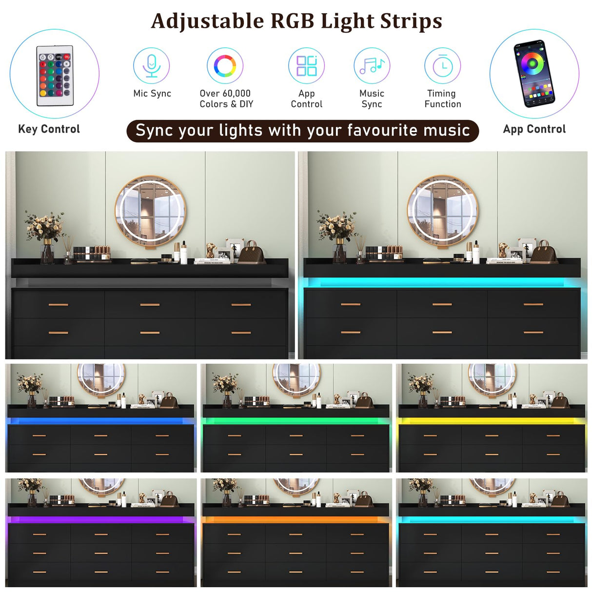 Hlivelood 9 Drawer Dresser with LED Light, Modern Chest of Drawers for Closet, Wide Drawer Organizer Cabinet for Bedroom, Living Room, Entryway, Hallway(9 Drawer Black) Hlivelood