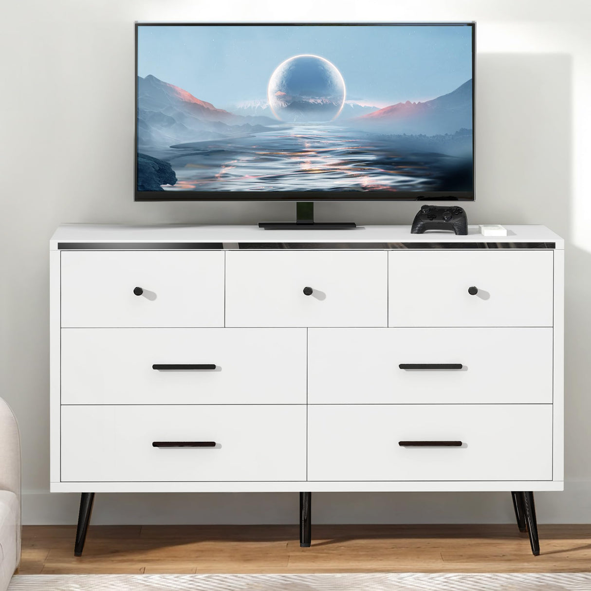 YITAHOME White Dresser TV Stand for 55 Inch TV/ 7 Drawer Dresser Entertainment Center/Console Table with Metal Handles & Anti-Tipping Device for Living Room/Bedroom YITAHOME