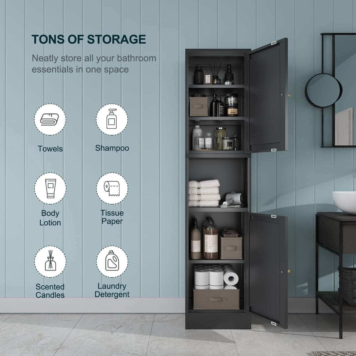 Bevivog Tall Bathroom Storage Cabinet,Narrow Metal Cabinet with Open Compartment,Freestanding Floor Cabinets Adjustable Shelves for Small Spaces, Slim Kitchen Pantry,Living Room,Black Bevivog