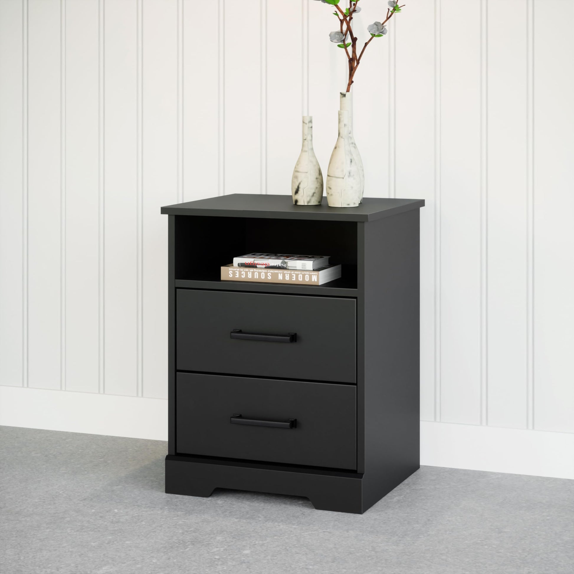 Prepac 2 Drawer Nightstand, 16.25in x 18.75in x 24.5in, Rustic Black - WoodArtSupply