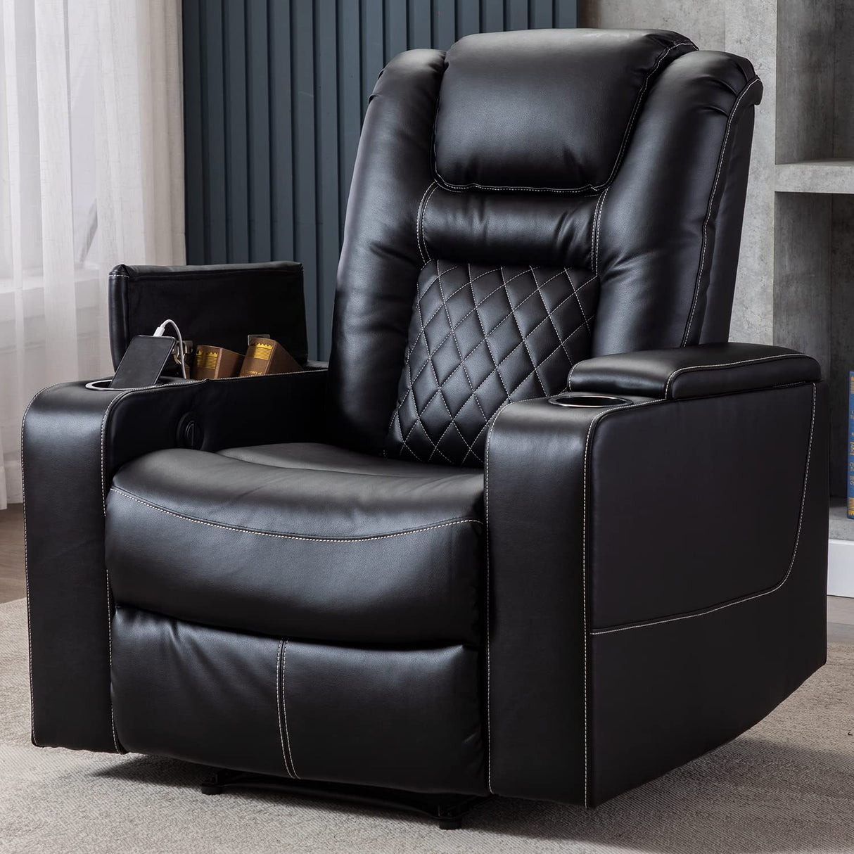 CANMOV Electric Power Recliner Chair with USB Ports and Cup Holders, Breathable Leather Home Theater Seating with Hidden Arm Storage (Black) CANMOV