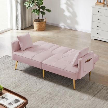 oaaktu Futon Convertible Couch Bed - Velvet Fabric Futon Bed with Gold-Colored Metal feet & 2 Cupholders, Folding Loveseat for Apartment, Dorm, Office (Pink)