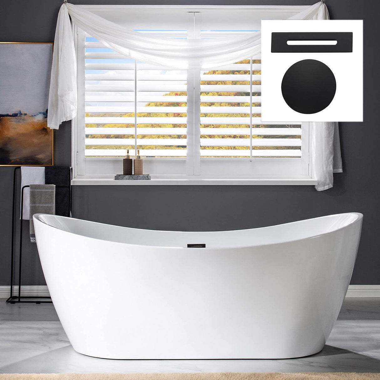 WOODBRIDGE 71" Acrylic Freestanding Bathtub Contemporary Soaking Tub, White Acrylic (Matte Black Drain/Overflow),B0017 MB Drain &O WOODBRIDGE