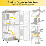 ROOMTEC Catio Outdoor Cat Enclosure - Large Wooden House with Roof, 71" H, 3 Jumping Platforms & 1 Napping House for Cats (White) ROOMTEC