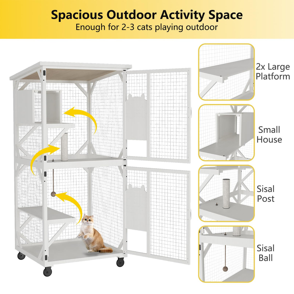 MODCART Catio Outdoor Cat Enclosure with Roof 71" Height Large Wooden Cat Cage with 3 Jumping Platforms and 1 Napping Houses for Cat Activity (White) MODCART