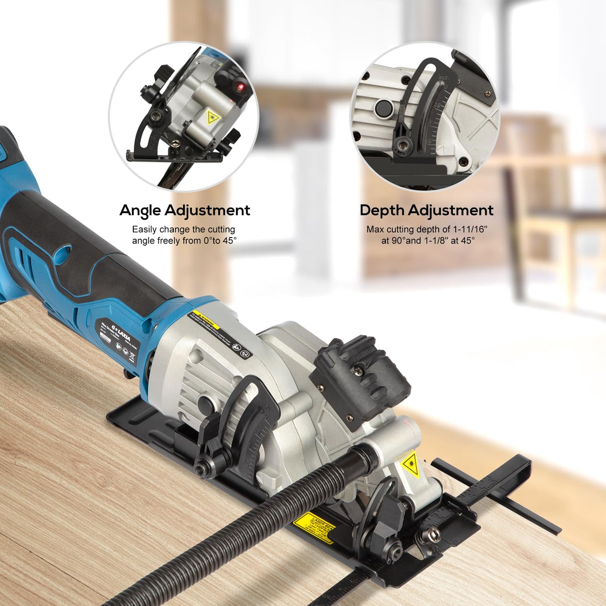 G LAXIA Mini Circular Saw, 4-1/2" 3400RPM Cordless Circular Saw with Laser Guide, Rip Guide, Compact Hand Saw with 2Pcs blades（24T+60T), Max Cutting Depth 1-11/16"(90°), 1-1/8"(45°) G LAXIA