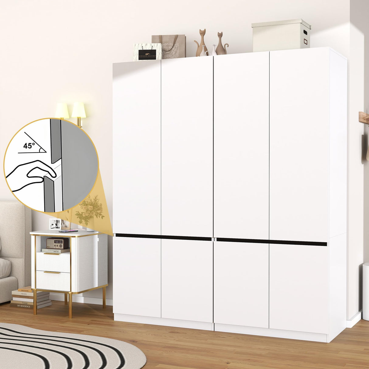 LABROSKIA White Armoire Wardrobe Closet: 74" Wooden Wardrobe Closet with 4 Doors, Bedroom Armoires with Hanging Rod, Tall Closets Cabinet for Hanging Clothes (63") LABROSKIA