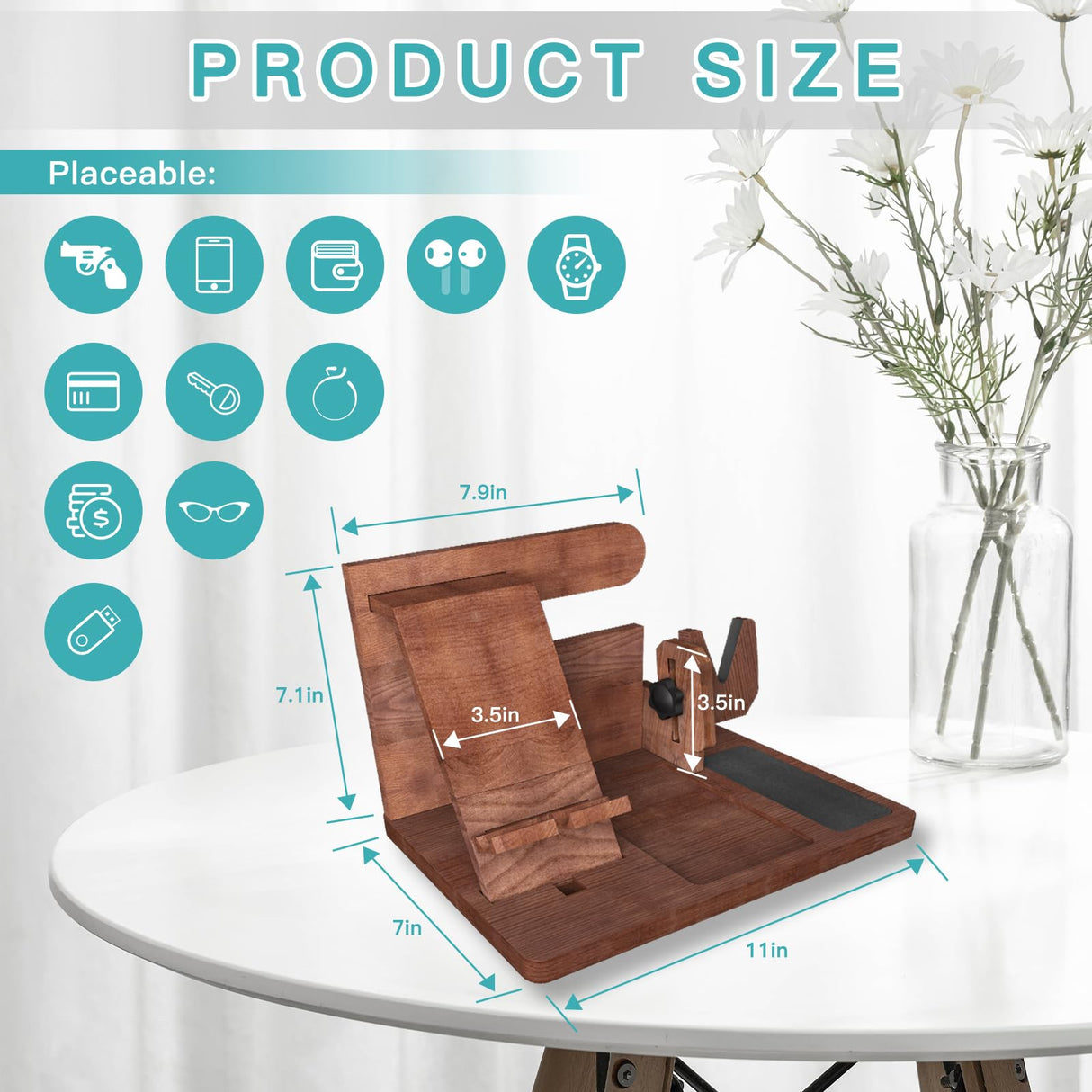 Wood Gun Holder Mens Gift Phone Wallet Docking Station Military Watch Night Stand Key Holder Side Table Charging Station Portable small item storage station DUXCIYHTA