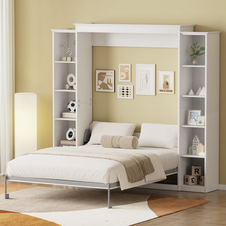 BEQAI Murphy Bed Queen with Storage Bookcase & 4 Adjustable Shelves, Queen Murphy Bed Cabinet Bed, Foldable Space Saving Furniture Beds, Wood Wall Bed for Guest Room, Bedroom, White BEQAI