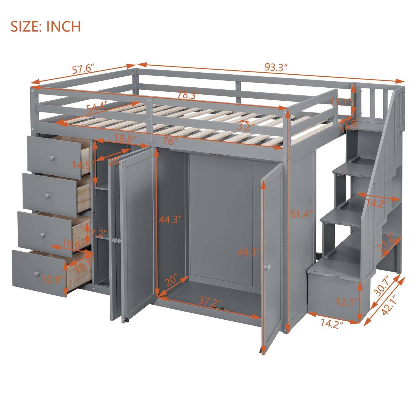 Harper & Bright Designs Grey Full Size Loft Bed with Storage Stairs and Wardrobes - WoodArtSupply