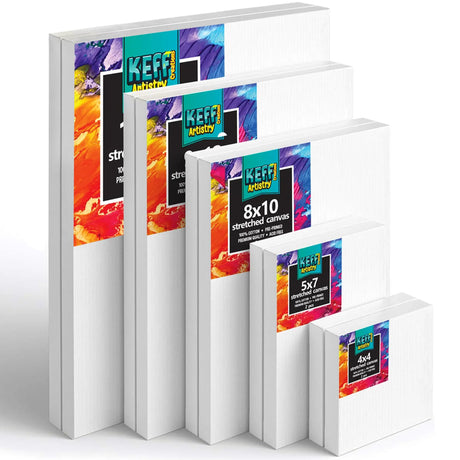 KEFF Stretched Canvas for Painting (10 Pack) Blank Painting Canvas - 2 of Each; 4x4, 5x7, 8x10, 9x12 and 11x14 Canvas, 100% Cotton Pre-Primed, Great for Pouring, Acrylic, Oil, Wet and Dry Art Media KEFF