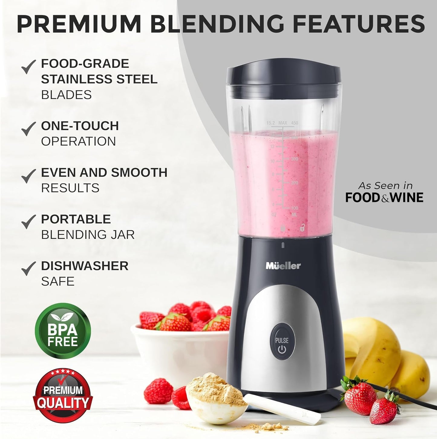 Mueller Heavy-Duty Smootie Blender, Personal Blender for Shakes and Smoothies with a 15 Oz Travel Cup and Lid, Juices, Baby Food, Portable Blender & Food Processor, Light Grey