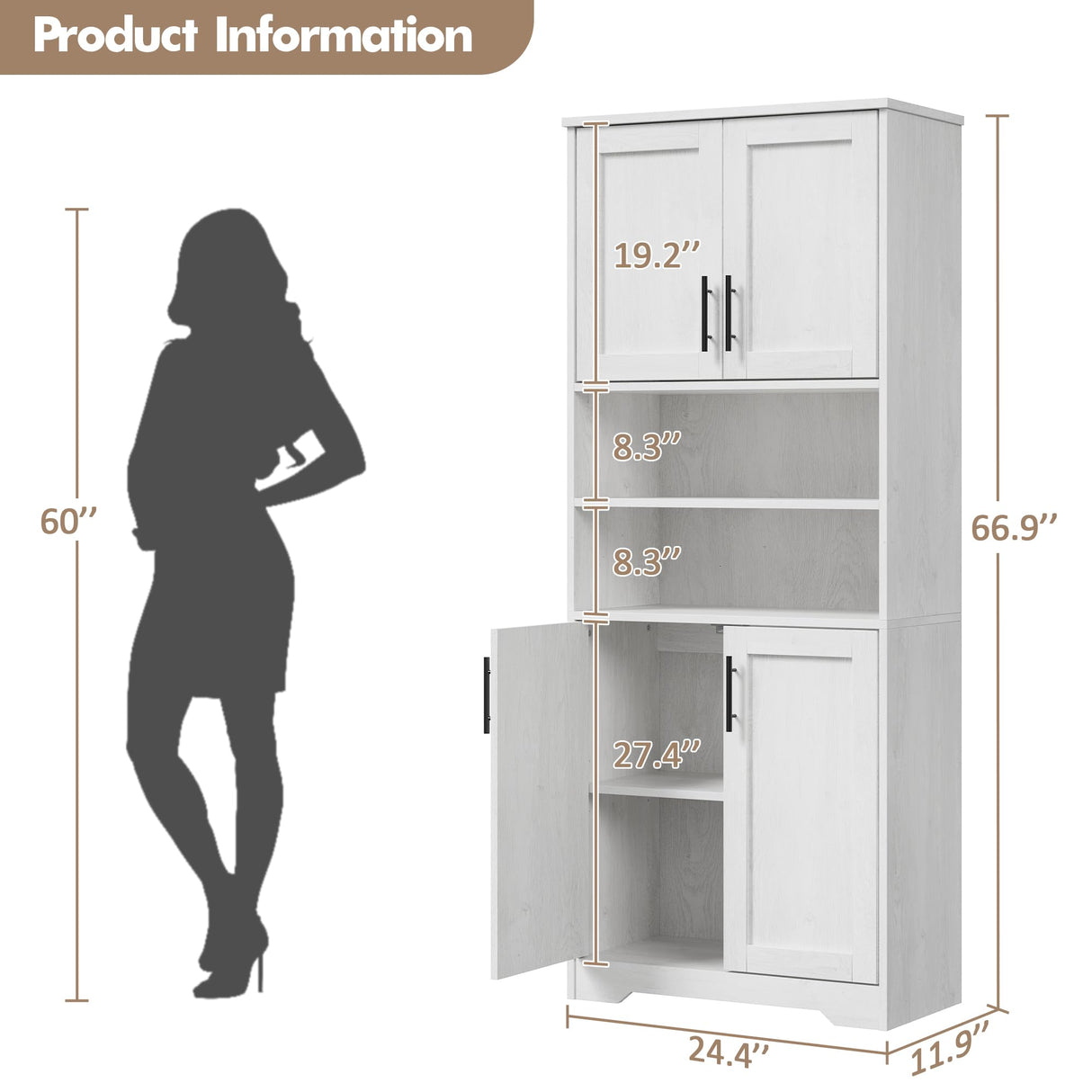 IDEALHOUSE Tall Bathroom Cabinet, Freestanding Bathroom Storage Cabinet with 4 Doors and Adjustable Shelves, 67" Cupboard Modern Storage Cabinet for Kitchen, Pantry, Living Room, Antique White IDEALHOUSE