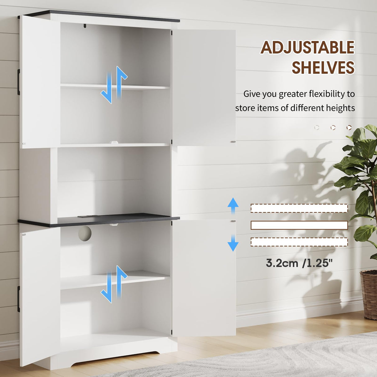 Fameill Farmhouse 71" Tall Kitchen Pantry Storage Cabinet with LED & Charging Station, Modern 4 Doors & Adjustable Shelves for Pantry Living Room Storage Hutch Cabinet, Free Standing Cabinet White Fameill