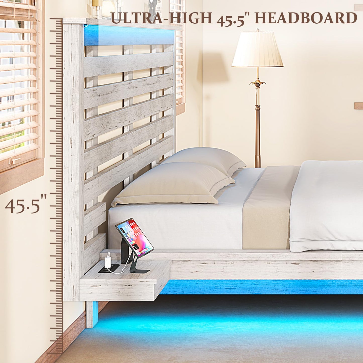 LUXOAK Distressed White Farmhouse Queen Floating Bed Frame with LED Lights & Charging Station - WoodArtSupply