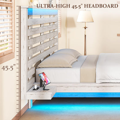 LUXOAK Distressed White Farmhouse Queen Floating Bed Frame with LED Lights & Charging Station - WoodArtSupply