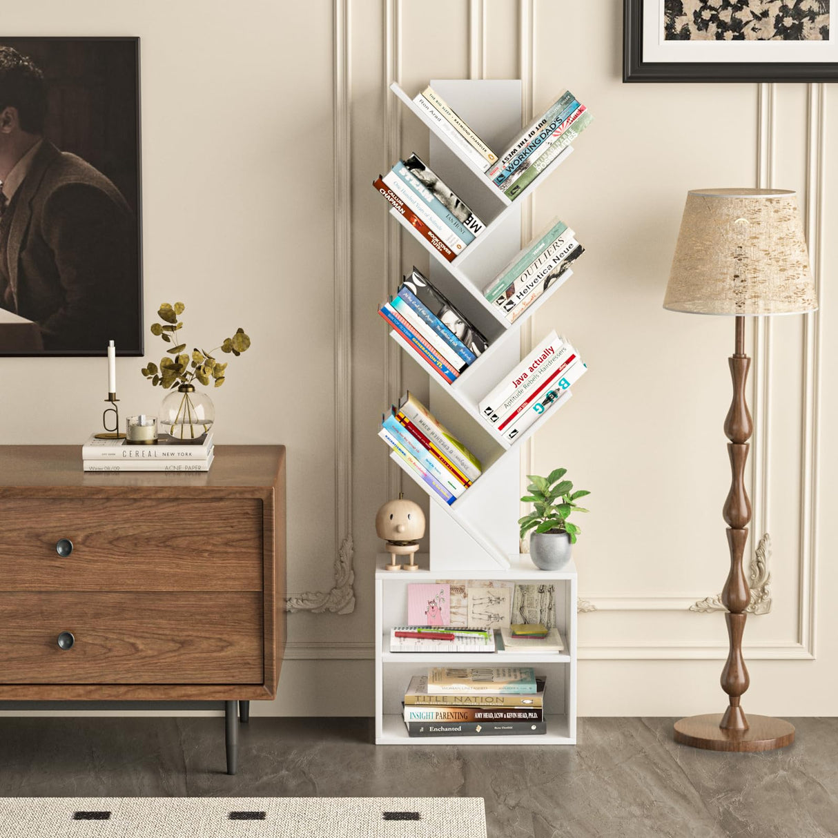 SHEEPAM 10 Tier Tree Bookshelf,Floor Standing Wood Tall Bookcase for Narrow Space, Storage Organizer Bookshelves for Books, Book Case for CDs/Movies/Books,Home Office,Living Room, Bedroom SHEEPAM