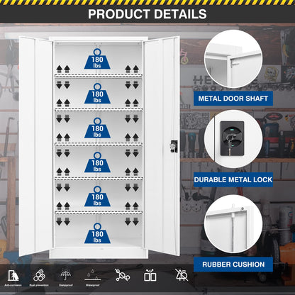 Fesbos Metal Storage Cabinet-71” Tall Steel File Cabinets with Lockable Doors and Adjustable Shelves-White Steel Storage Cabinet for Home,Kitchen, School, Office, Garage - WoodArtSupply
