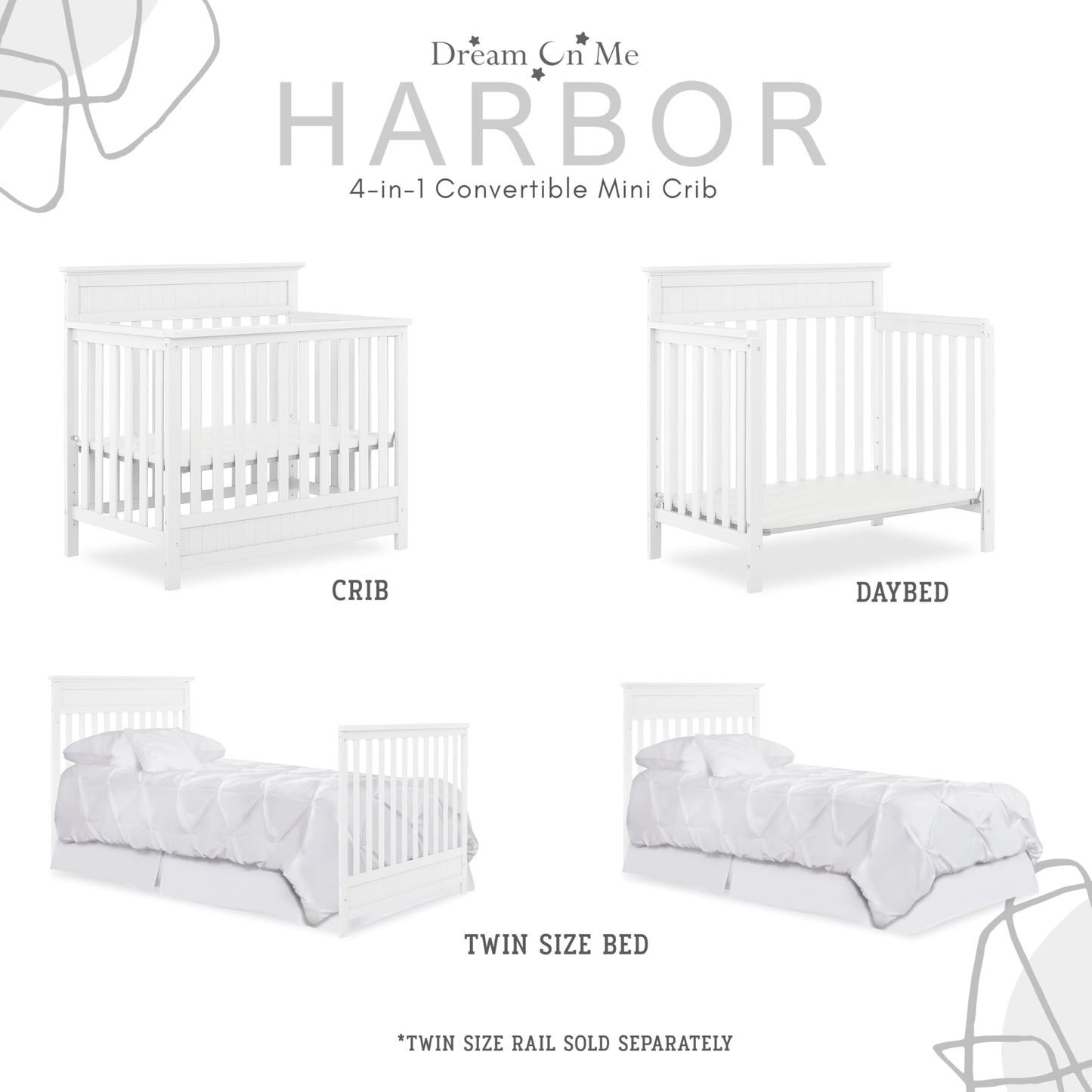 Dream On Me Harbor 4-in-1 Convertible Mini Crib in White, Greenguard Gold Certified