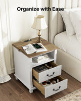 Amada Farmhouse Nightstand with Charging Station, 2 Drawers Wood Side Table Roman Column Style, Vintage Bedside Table for Bedroom with Open Shelf (Oak and White, 1Pack) AMADA HOMEFURNISHING