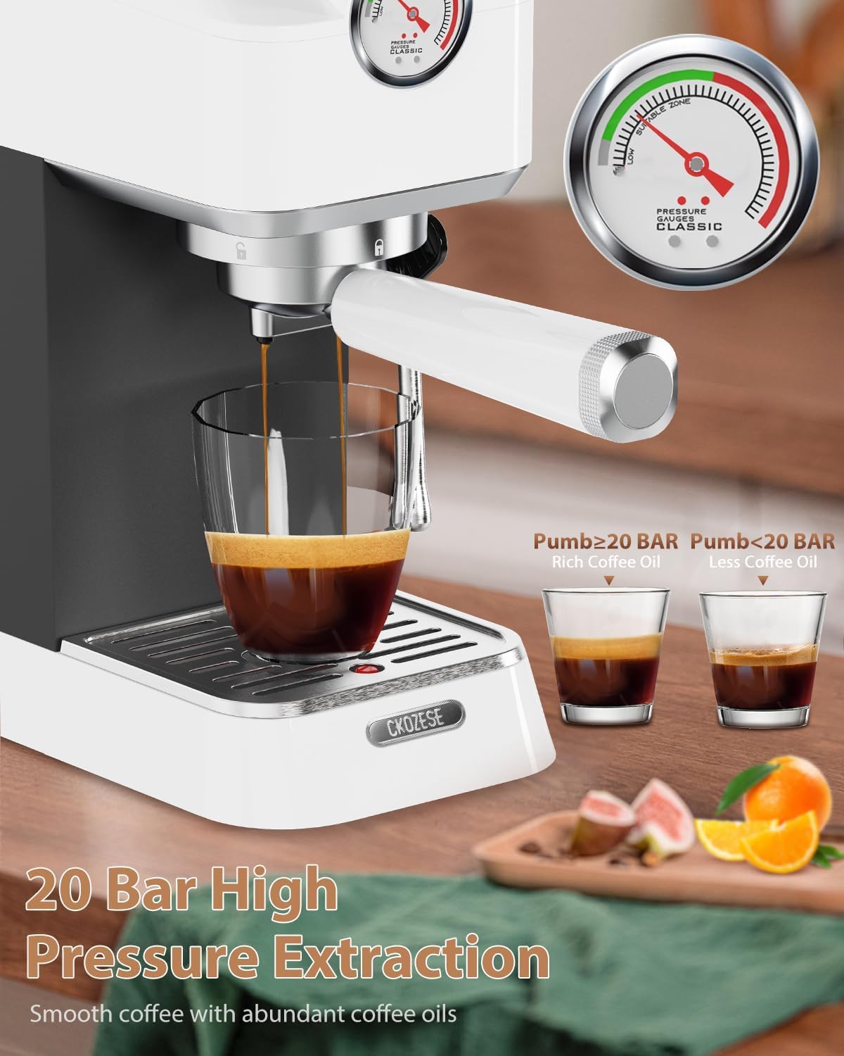 20 Bar Espresso Machine, [2-In-1] Pro Coffee and Espresso Maker with Pressure Gauge/Milk Frother Steam Wand, 1300w Stainless Steel Espresso Coffee Maker with NTC&Pre-Infusion, Latte,Cappuccino CKOZESE