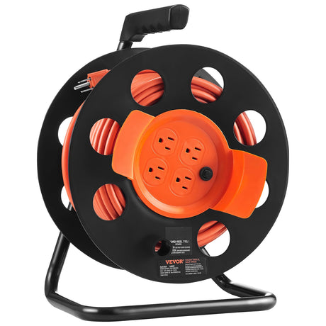 VEVOR 100 FT Retractable Extension Cord Reel with 4 Outlets & Heavy Duty 14AWG SJTOW Power Cord Cable, Portable Handle and Safety Overload Circuit Breaker, for Outdoor Indoor Toolshed Garage Use VEVOR