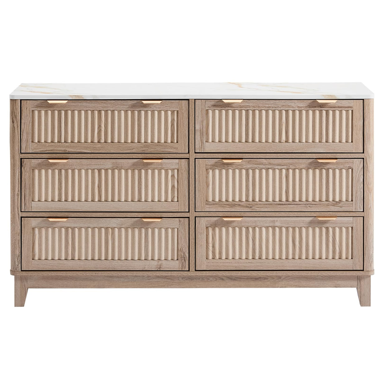6 Drawers Dresser for Bedroom, 54" Large Storage Dresser, Farmhouse Wood Dressers with Faux Marble Top, Modern Dressers & Chests of Drawers for Living Room Entryway, Fluted Curved Profile, Natural Oak GIAJORYA