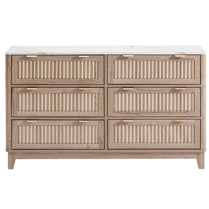 6 Drawers Dresser for Bedroom, 54" Large Storage Dresser, Farmhouse Wood Dressers with Faux Marble Top, Modern Dressers & Chests of Drawers for Living Room Entryway, Fluted Curved Profile, Na - WoodArtSupply