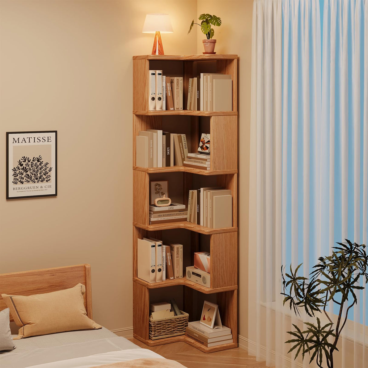 2, 3, 4, 5 Tier Corner Bookshelf, Wood Small Bookcase with Open Shelf Units, Natural Oak Modern Mid Century Corner Book Shelf for Bedroom, Living Room, Home Office, Natural (5-Shelf) Generic