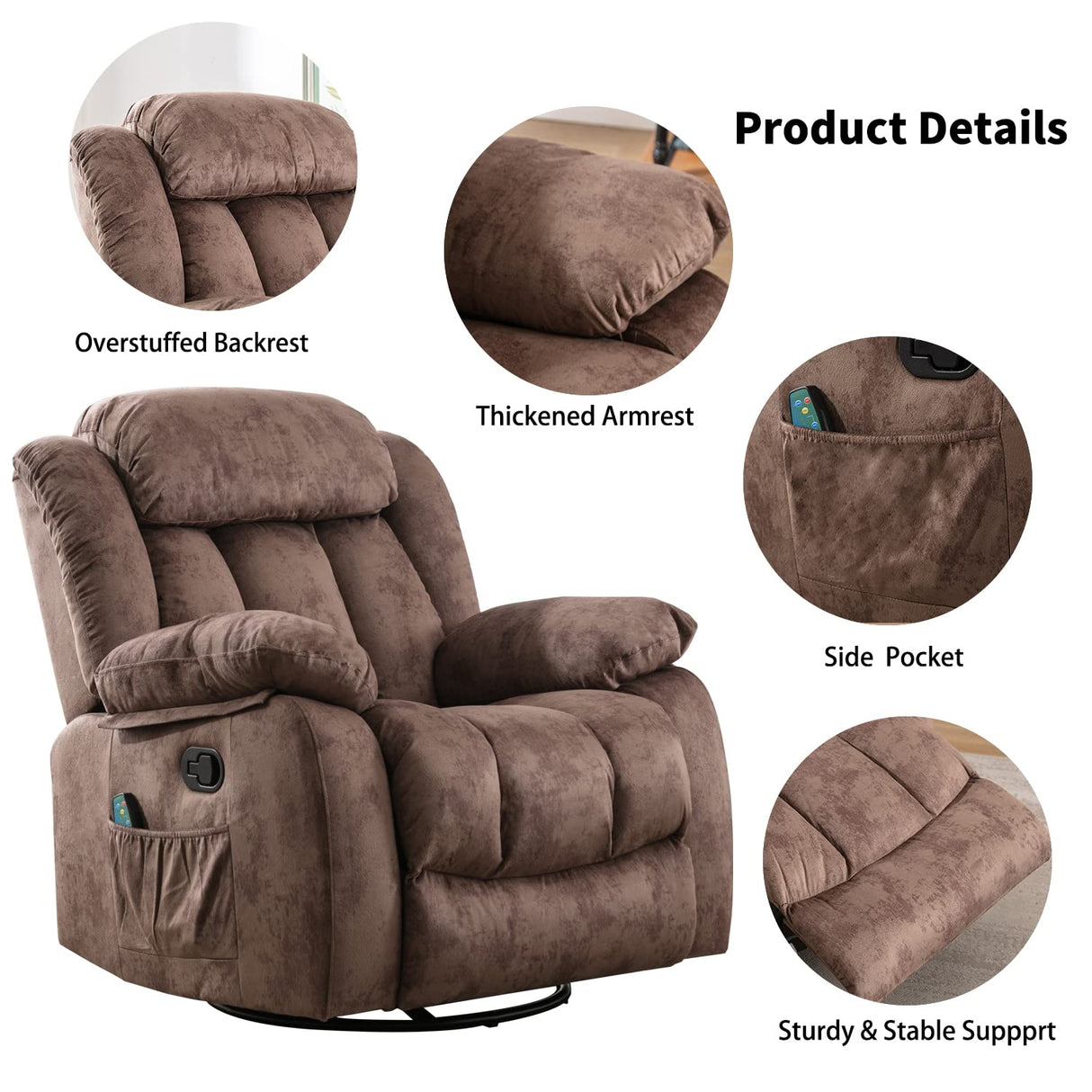 CANMOV Massage Rocker Recliner with Heat and Vibration, 360 Degree Swivel Manual Antiskid Fabric Single Sofa Heavy Duty Reclining Chair for Living Room, Dark Brown CANMOV