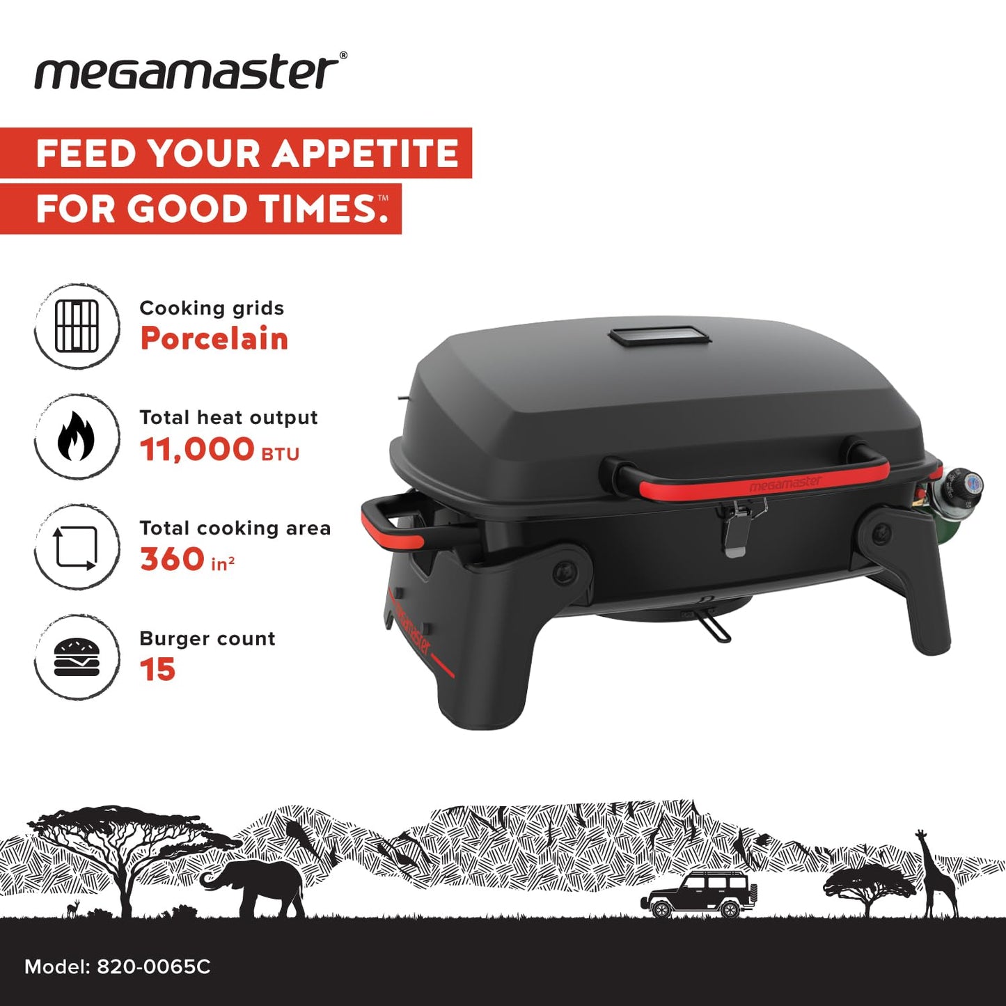 Megamaster 820-0065C 1 Burner Portable Gas Grill for Camping, Outdoor Cooking , Outdoor Kitchen, Patio, Garden, Barbecue with Two Foldable legs, Red + Black