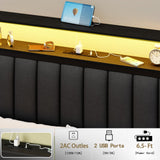 Furnulem Queen Size Bed Frame with Charging Station and LED Lights, Platform Bed with Metal Slats, Grey Upholstered Headboard with 2-Tier Storage Shelves, No Box Spring Needed Furnulem