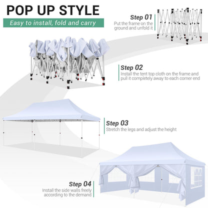 COBIZI 10x20 Pop Up Canopy Tent with Sidewalls, Commercial Ez Up Canopy, 3 Adjustable Heights, Waterproof and UV Protection 50+, Outdoor Gazebo Pop up Tent for Parties & Patio with 4 Sandbags