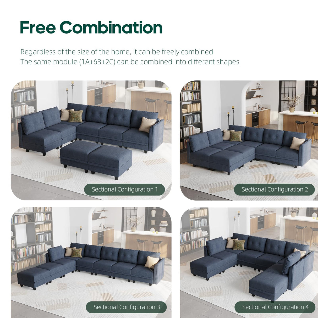 LLappuil Oversized Sectional Sofa Modular Couch with Storage, 10 Seater U Shaped Sectional Couches Set for Living Room, Denim Blue LLappuil