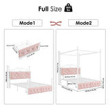 Full Upholstered Canopy Bed Frame with 2 Drawers & Crystal Tufted Storage Headboard Two-Purpose Metal Platform Bed with 4 Removable Posts & Charging Station Pink Princess Bed, Curtain Not Included Keyluv