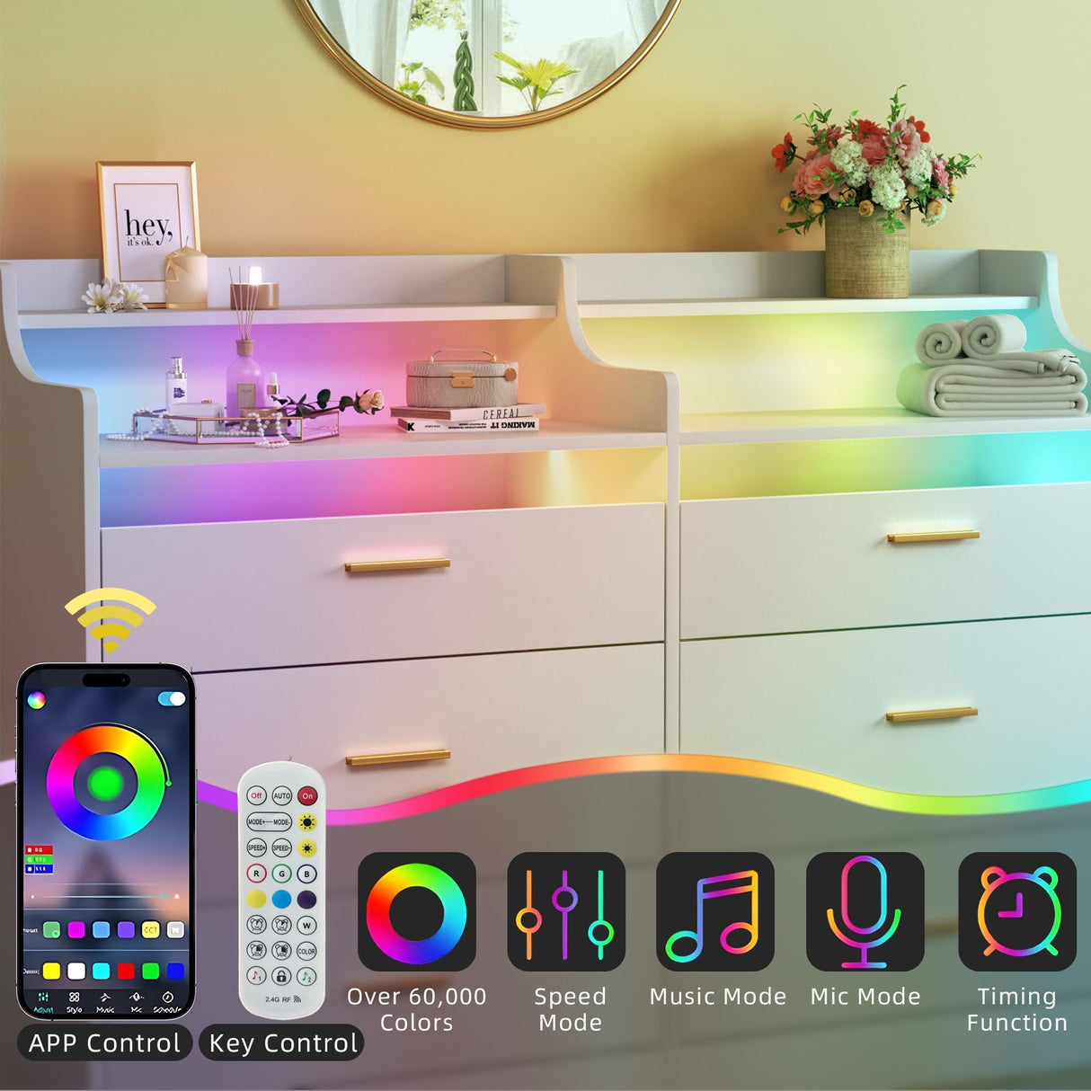 HUAHUU 6 Drawer Dresser for Bedroom, 49''W White Dresser with LED Light, Chest of Drawers with Open Shelf Storage, Double Wide Modern Dresser Organizer for Room, Entryway, Hallway HUAHUU