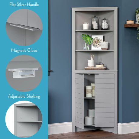 RiverRidge Madison Bathroom Corner Storage Cabinet with Open Shelves and Cupboard Tall Corner Storage Bathroom Furniture Dresser Curio Cabinet RiverRidge