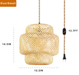 Plug in Pendant Light Rattan Hanging Lights with Plug in Cord Bamboo Hanging Lamp Dimmable,Handmade Woven Boho Wicker Basket Lamp Shade,Plug in Ceiling Light Fixture for Living Room Bedroom Kitchen QIYIZM