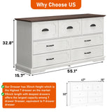 chartustriable 55" Farmhouse 7 Drawers Dresser Chests for Bedroom w/Deep Big Drawers, Tall Wide Wood Country Rustic Chest of Drawers, Storage Dressers for Bedroom, Living Room,Antique White chartustriable