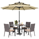 PHI VILLA 5 Pieces Outdoor Dining Set with Umbrella for 4, 37" Square Metal Dining Table & 4 Cushioned Wicker Rattan Chairs with 10ft Beige Umbrella for Patio, Deck, Yard, Porch PHI VILLA