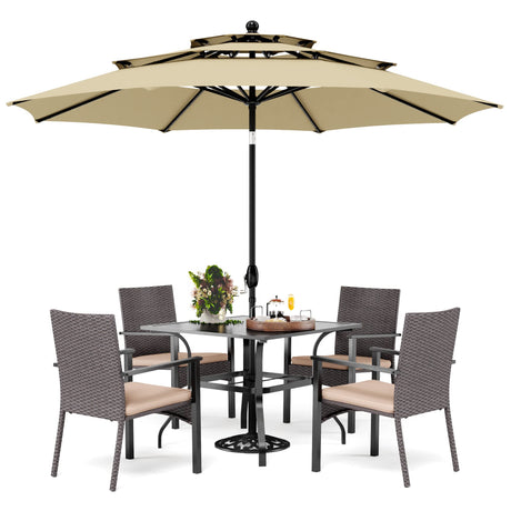 PHI VILLA 5 Pieces Outdoor Dining Set with Umbrella for 4, 37" Square Metal Dining Table & 4 Cushioned Wicker Rattan Chairs with 10ft Beige Umbrella for Patio, Deck, Yard, Porch PHI VILLA