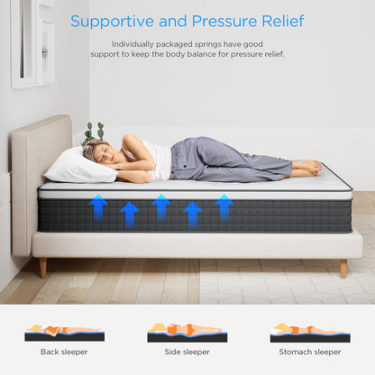 Queen Mattress, 8 Inch Queen Size Mattresses, Hybrid Mattress in a Box with Memory Foam and Independent Spring, Soft and Comfortable, Pressure Relief, Cool and Breathable, CertiPUR-US, Medium Firm