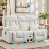 SENIFIS Loveseat Recliner Sofa, Leather Sofa with Massage & Heating, Home Theater Seating Power Reclining Loveseat with Outlet/LED Light/Cup Holders/Speaker/USB (Beige, Loveseat with Console) SENIFIS