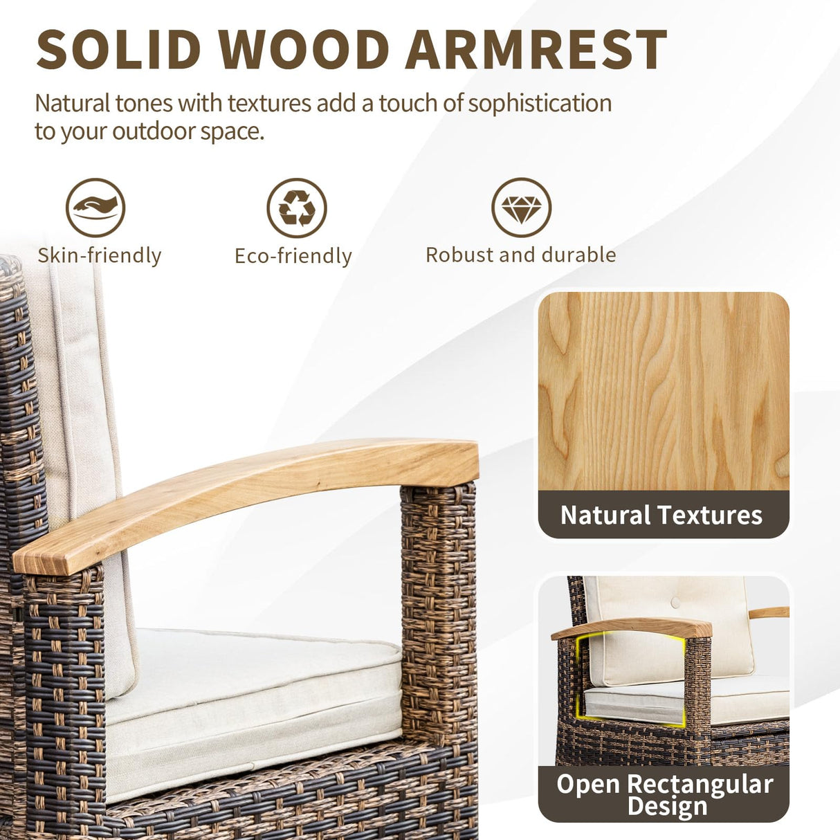 MEISSALIVVE 9 Piece Outdoor Patio Furniture Set, Half-Moon Curved Sectional Sofa Rattan Conversation Set with Wood Armrests, Coffee Table & Side Table（Brown） MEISSALIVVE