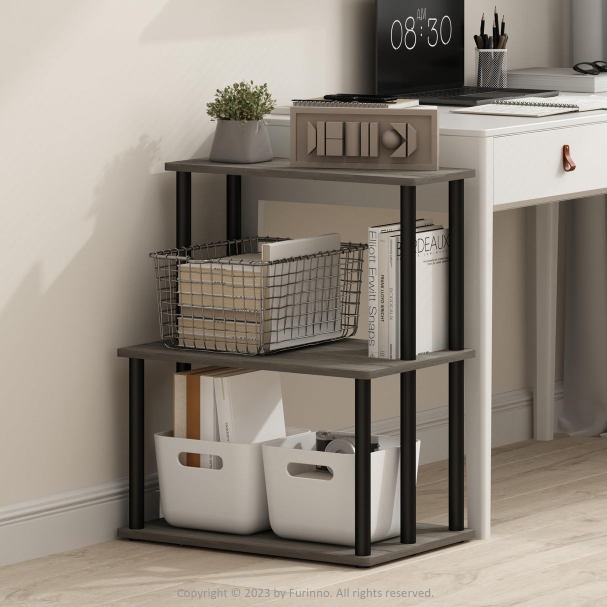 Furinno Turn-N-Tube 3-Tier Toolless Multipurpose Printer Stand Display Storage Shelf, French Oak Grey/Black Furinno