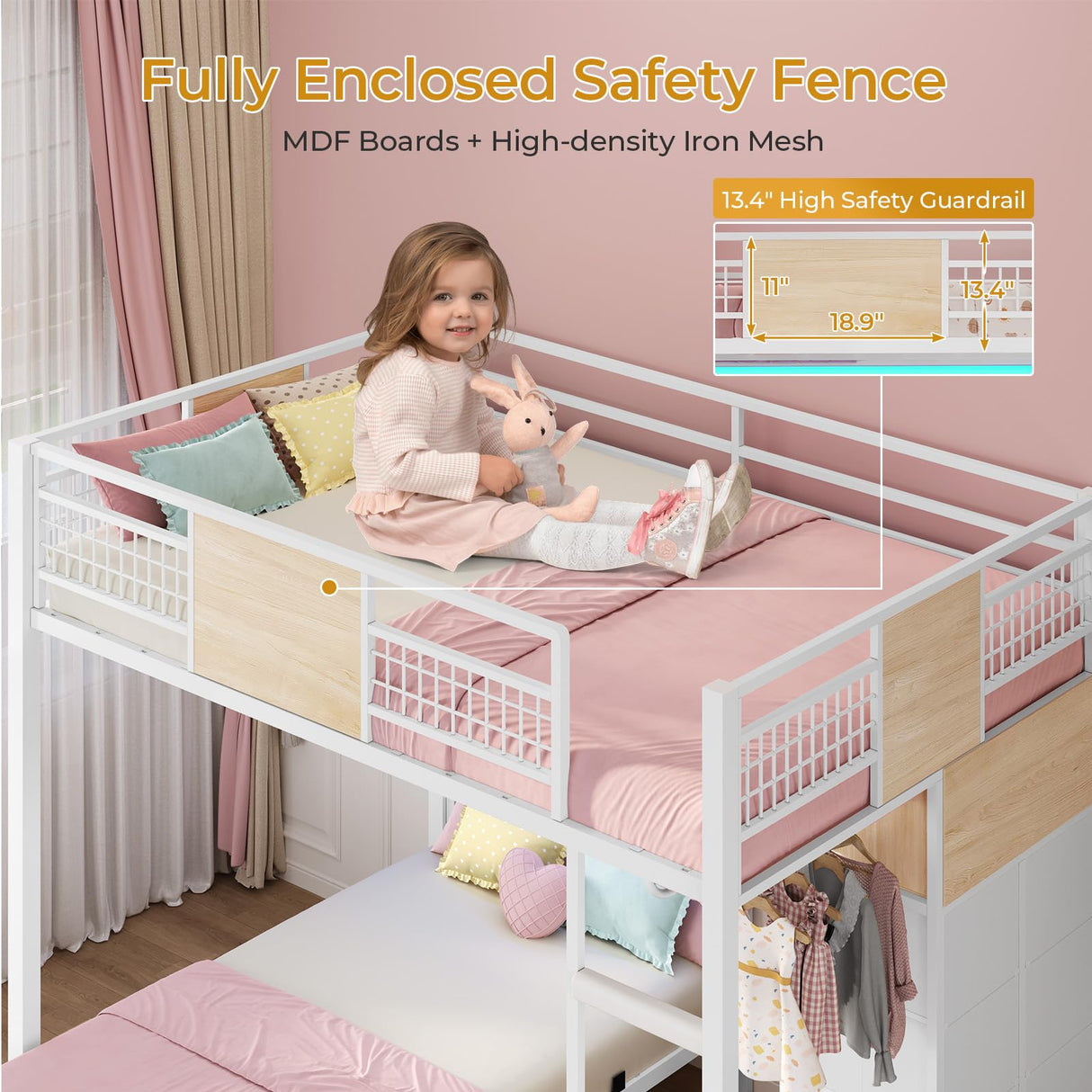 ADORNEVE Full Over Twin Bunk Bed with 8 Storage Drawers, Metal Loft Bed with Led Lights & Storage Shelves, Bunk Beds Twin over Full Size with 13.4" H Safety Guardrail & Ladder, for Kids & Teens, White ADORNEVE