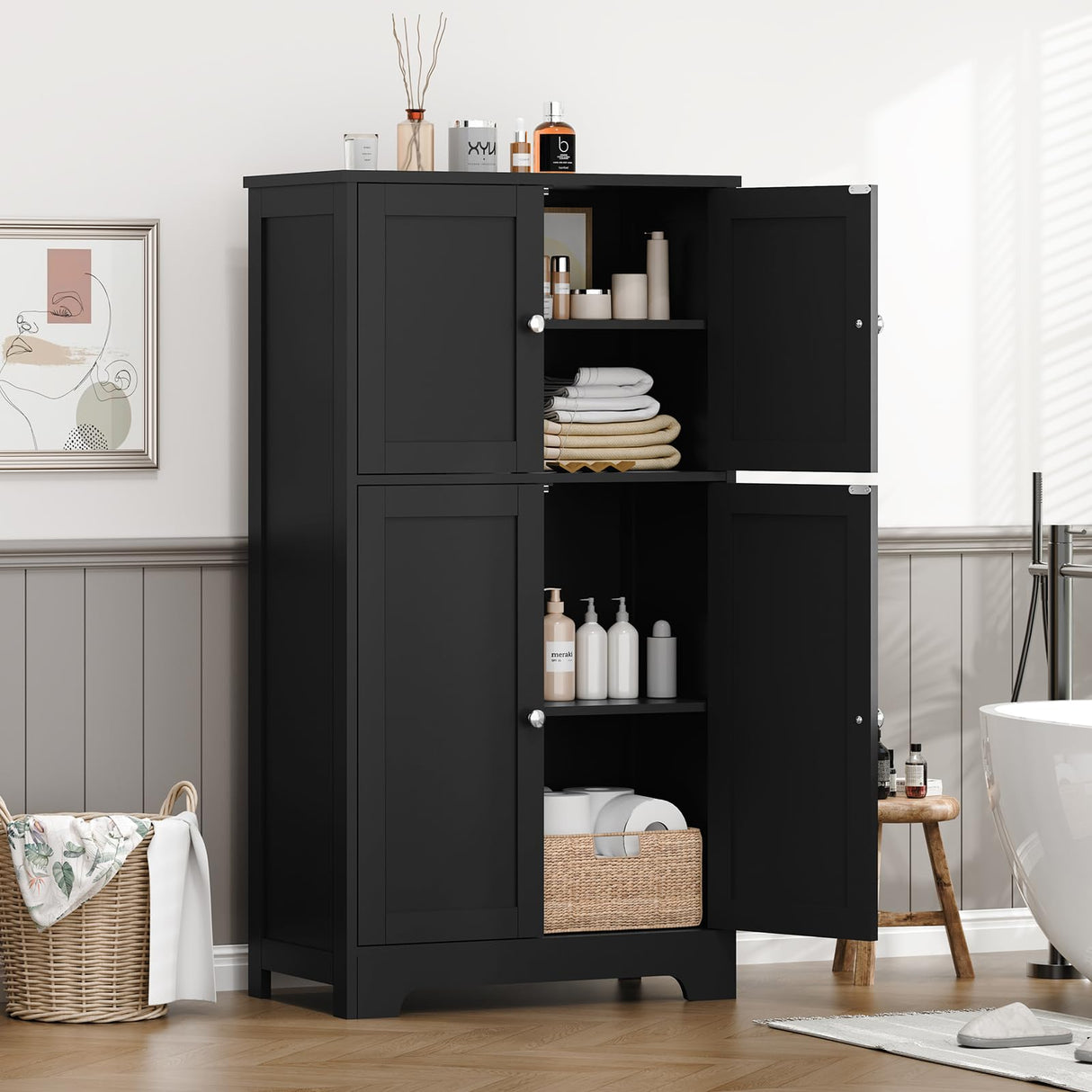 Iwell Natural Rattan Storage Cabinet with 4 Doors and Adjustable Shelf Iwell