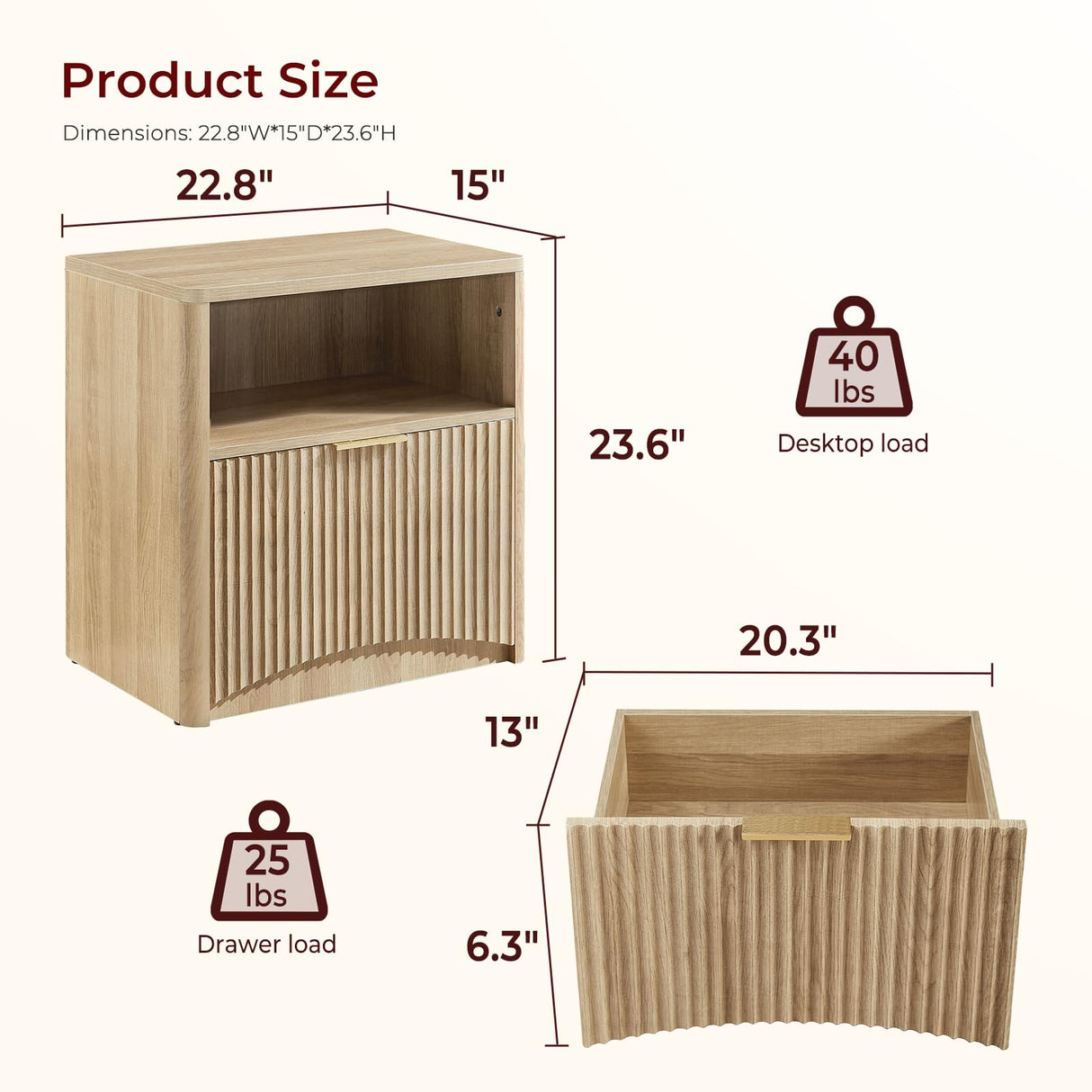 Evermagin Fluted Nightstand Set of 2, Natural Oak Bedside Table with Drawer and Storage, Wood Night Stand Mid Century Modern, Large End Table for Bedroom Evermagin